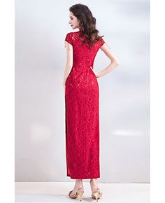 Buy Special Chinese Cheongsam Style Lace Wedding Party Dress Tight Fitted at wholesale price online. Free shipping and pro custom service since 2009. Stretch Maxi Length Wedding Gown, Stretch Maxi-length Wedding Gown, Festive Fitted Evening Dress For Wedding, Elegant Holiday Evening Dress With Stretch, Holiday Floor-length Stretch Dresses, Elegant Stretch Gown For Banquet, Festive Lace Dress For Banquet, Fitted Red Dress For Banquet, Long Fitted Party Dresses