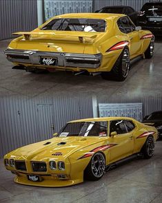 two pictures of the same yellow car in different stages of being painted, and one is showing