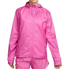 Nike Essential Women's Running Jacket Size M Pink Cu3217 684 The Nike Essential Running Jacket Helps You Keep Running When Wet Weather Arrives. Water-Repellent Fabric Combines With Hooded Coverage To Help You Stay Dry For Miles. Benefits Woven Fabric Is Water-Repellent To Help Keep You Dry. A Back Pocket Delivers Storage For Your Gloves, Hat Or Fuel. Front Zippered Pockets Double As Hand Warmers And Small-Item Storage. A Hook-And-Loop Cuff Lets You Adjust The Fit. Hood Helps Keep You Covered Fro Pink Track Jacket For Outdoor, Nike Running Jacket, Womens Running Jacket, Nike Crew Neck, Nike Windbreaker Jacket, Team Jackets, Nike Track Jacket, Usa Soccer Women, Nike Zip Up