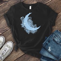 Mandala Snow Moon T-Shirt is printed and shipped from the USA. We hope you love it as much as we do** Please consult the size guide BEFORE purchasing, we are not responsible for any mis-sizing. Snow Moon, Moon T Shirt, Clothing Co, Workout Shirts, Love It, Size Guide, Moon, T Shirt, Black