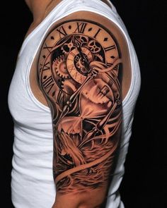 a man with a clock tattoo on his arm