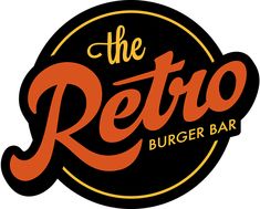 the retro burger bar logo is black with orange lettering and an orange circle that reads,'the retro burger bar '