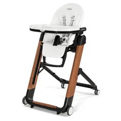 a white high chair with wooden legs and seat on it's back wheels, against a white background