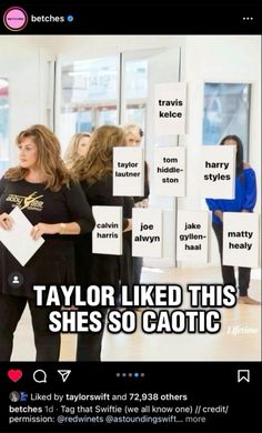 two women standing in front of a wall with words on it that read taylor liked this she's so cautitic