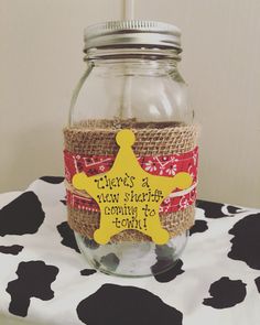 there's a new sheriff coming to town mason jar with burlap ribbon