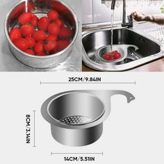 a sink with tomatoes in it next to a strainer full of water on the counter