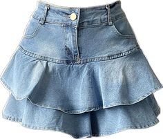 Denim Mini Skirt With Ruffles, Denim Ruffles Mini Skirt, Summer Ruffled Mini Denim Skirt, Denim Ruffled Mini Skirt, High Waist Denim Mini Skirt With Ruffles, Denim High Waist Mini Skirt With Ruffles, High Waist Ruffled Denim Skirt, Trendy Denim Mini Skirt With Ruffles, Trendy Denim Blue Skirt With Ruffles