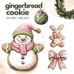 the gingerbread cookie is decorated with pink and green decorations, including a snowman