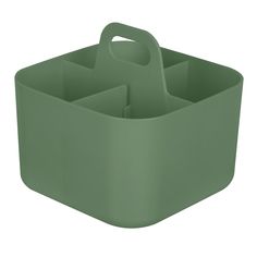 a green plastic container with four compartments on the bottom and two handles at the top