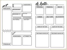 a black and white printable planner with the words, phrases, and images on it