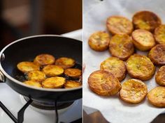 there are some food being cooked in a pan on the stove and another side by side