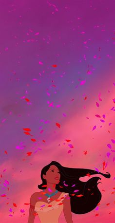 an animated image of a woman with long hair and flowing confetti in the air