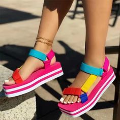 Lasaky - Colorful Magic Strap Sandals Flat Slippers Strap Sandals Flat, Summer Shoes Wedges, All Black Shoes, Block Sandals, Square Toe Sandals, Orthopedic Shoes, Beach Slippers, Sandals Women, Beach Sandals