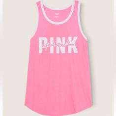 Victoria’s Secret Pink Racerback Tank Top Brand New In Package Color Dreamy Pink Size L Large Double Logo Script Logo White Trim Pink Packaging, Everyday Tank Tops, Victoria Secret Sweatpants, Victoria Secret Pink Logo, Teal Tank Top, Logo Script, Yellow Tank Top, Pink Knit, Pink Crewneck