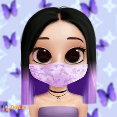 a girl with purple hair wearing a pink face mask and butterfly wings in the background