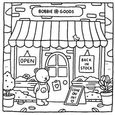 a coloring page with a store front and teddy bear in the foreground, outside