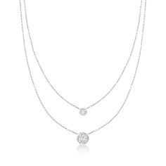 Ross-Simons - 1.45ct t. w. Bezel-Set Cubic Zirconia Layered Necklace in Silver. 16". We love layers. This necklace features two nested sterling silver cable chains, each with a bezel-set CZ: one .25 carats and the other 1.10 carats. The 2" extender dangles a .10 carat CZ at the end. Lobster clasp, CZ layered necklace. CZ weights are diamond equivalents. Necklaces Silver, Layered Necklaces Silver, Fine Jewelery, Layered Necklace, Buy 1, Bezel Setting, Chains Jewelry, Christmas List, Cable Chain