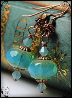 "A pretty new  pair of earrings with a little bit of sparkle. They feature beautiful aqua Czech glass Picasso focal beads, complimented by Swarovski crystals and antique copper metal. These earrings measure 1 1/2\", and will arrive packaged beautifully for giving.  Thank you for stopping by!" Handmade Things, Handmade Jewelry Earrings, Earrings Inspiration, Earrings Beaded, Diy Schmuck, Beads And Wire, Bijoux Diy, Schmuck Design, Jewelry Creation