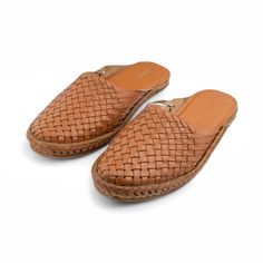 Mens Classic Woven Mule  - Traditional Indian Kolhapuri Leather Bantu | stylish leather slides | Moroccan babouche plus Mexican huaraches style sandals exudes elegance and comfort. The upper is expertly constructed from smooth and supple terracotta leather (TC), offering unparalleled comfort with a luxurious tan hue on the top surface.    The distinctive woven leather strips give the unique appearance, resembling a traditional mat, intricately knotted around the bottom and secured with laces.  E Casual Slip-on Slippers With Leather Lining, Leather Woven Leather Slip-on Sandals, Casual Woven Leather Slip-ons, Leather Flat Slip-ons With Woven Sole, Casual Slip-on Woven Leather Mules, Casual Woven Leather Mules With Flat Heel, Woven Leather Slip-on Mules With Round Toe, Slip-on Woven Leather Mules With Round Toe, Casual Woven Leather Mules With Closed Toe