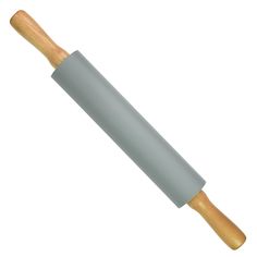 a wooden handle on top of a rolling doughnut with a gray plastic wrapper