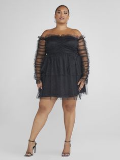 Plus Size Janessa Off-The-Shoulder Shimmer Party Dress | Fashion to Figure Shimmer Party Dress, Dress With Gloves, Dramatic Sleeves, Plus Size Party, Plus Size Party Dresses, Shimmer Dress, Tie Front Dress, Fashion To Figure, Metallic Heels