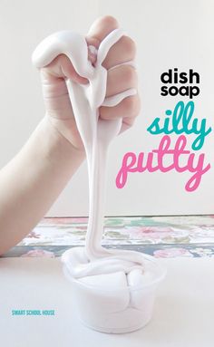 a hand is pouring milk into a bowl with the words dish soap silly putty on it