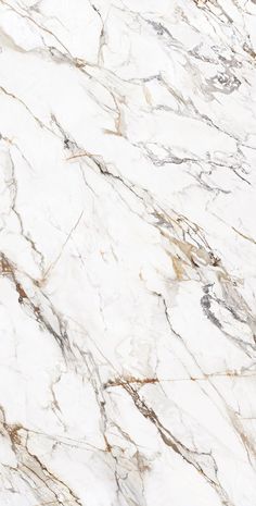 a white marble textured surface with brown and black lines on the top, as well as some gold accents