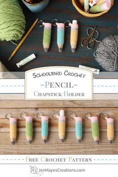 crochet pencil holders are shown with yarn and scissors