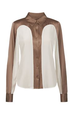 Hutton - Stretch Silk Crêpe De Chine Blouse - Product Image Classic Brown Office Blouse, Classic Brown Blouse For Office, Chic Brown Shirt For Workwear, Chic Brown Shirt For Work, Luxury Cream Top For Workwear, Luxury Cream Top For Work, Luxury Brown Formal Tops, Luxury Cream Tops For Work, Elegant Brown Top For Work