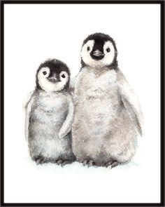 two penguins are standing next to each other on the snow covered ground in front of a black and white frame