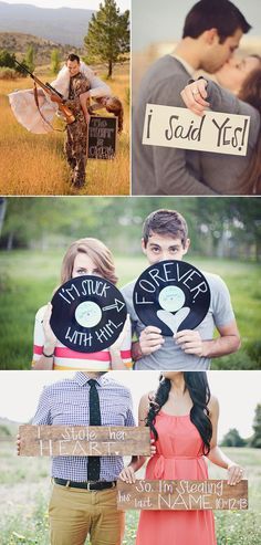 four different pictures with the same couple holding signs