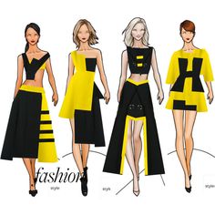 three models in black and yellow dresses with their names on the front, side, and back