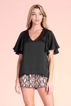 Hammered Satin Flare Sleeve Top - Ahri Flare Sleeve Top, Flared Sleeves Top, Flowy Sleeves, Shorts Skirts, Running Tops, Flared Sleeves, Satin Fabric, Jeans Shorts, Flutter Sleeve