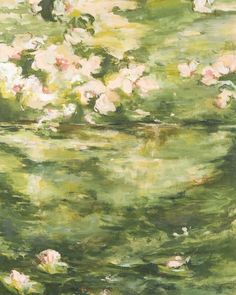 an oil painting of water lillies and lily pads on a green surface with white flowers