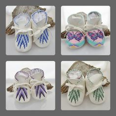 Beaded Baby Moccasins and Soft Soled Shoes...Ideal for babies that are learning to walk...for sale at: https://www.etsy.com/shop/AuthenticNativeMade Native American Clothing, Beaded Things, Art Perle