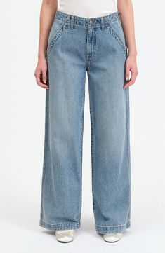 These '70s-inspired wide-leg palazzo jeans are remade for today from nonstretch denim in a casual-chic light wash. 32" inseam; 24" leg opening; 11" front rise Zip fly with button closure Front slant pockets; back patch pockets 70% cotton, 30% organic cotton Machine wash, dry flat Imported Palazzo Jeans, 70s Inspired, Fabric Gift Bags, Back Patch, Nordstrom Store, Fabric Gifts, Free Fabric, Anniversary Sale, For Today