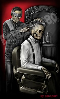 a skeleton is getting his hair cut by a man