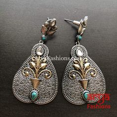 Dual Tone Oxidized Ethnic Earrings with Turquoise Blue Stones Silver Traditional Turquoise Earrings With Latkans, Traditional Turquoise Metal Earrings, Bohemian Turquoise Earrings With Intricate Design, Turquoise Bohemian Earrings With Intricate Design, Bohemian Teardrop Earrings With Intricate Design, Ethnic Jewelry Indian, Oxidized Silver Earrings, Indian Party, Contemporary Earrings