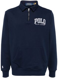 navy blue/white cotton blend jersey texture embroidered logo at the chest signature Polo Pony motif polo collar short front zip fastening long sleeves front pouch pocket straight hem Navy Half-zip Casual Sweatshirt, Casual Navy Half-zip Sweatshirt, Navy Long Sleeve Sweatshirt With Embroidered Logo, Navy Sporty Sweatshirt With Pockets, Long Sleeve Cotton Polo Shirt With Embroidered Logo, Navy Sweatshirt With Logo For Streetwear, Navy Sweatshirt With Logo Detail For Streetwear, Ralph Lauren Half Zip, Polo Pony