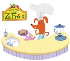 a cartoon dog standing on top of a counter in front of a sign that says ze frank