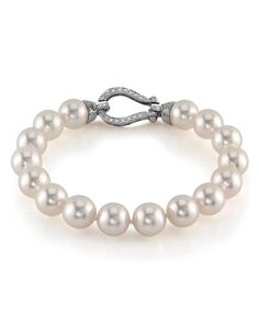 Hanadama, meaning 'Flower Pearl,' represents the highest quality available in Japanese Akoya Pearls, certified by the Japan Pearl Science Laboratory. Only approximately 2% of the annual Akoya cultured pearl harvest qualifies for the Hanadama Grade. This beautiful Akoya pearl bracelet ranges between 9.5-10mm in size and consists of all beautiful and extremely lustrous Hanadama pearls. All pearls in this necklace are perfectly round and are strung with silk thread and double-knotted between each p Luxury Pearl Bracelet With Diamond Accents, Classic White Gold Diamond Pearl Bracelet, Classic Diamond Pearl Bracelet For Formal Occasions, Elegant White Gold Pearl Bracelet With Diamonds, Timeless White Gold Pearl Bracelet, Timeless White Gold Pearl Bracelet For Anniversary, Luxury Akoya Pearl Bracelets For Wedding, Luxury Akoya Pearl Bracelet For Formal Occasions, Luxury White Pearl Bracelet With Diamonds