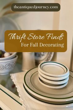 a stack of thrifted vintage butter pats and dishes styled for Fall Fall Thrifting, Thrift Store Makeover Ideas, Vintage Fall Decor, Vintage Porch, Vintage Vignettes