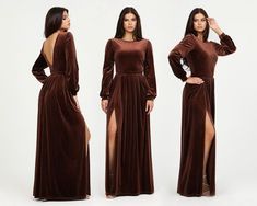 Brown Velvet Dress, Bridesmaid Dress, Velvet Long Dress, Low Back Dress, Long Sleeve Dress, Evening Gown, Gown Dress, Modest Dress - Etsy Bosnia and Herzegovina Bridesmaid Dress Velvet, Brown Velvet Dress, Velvet Long Dress, Couture Bridesmaid Dresses, Dress Low Back, Low Back Dress, Velvet Dress Long, Low Back Dresses, Dress Modest