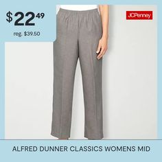 Alfred Dunner is known for their modern tailoring and style, and this pair of women's pants stay true to the brand's heritage. Made from a soft woven fabric in a relaxed-fit with straight legs, they have a comfortable elastic-waistband, a pleated front, and side pockets. Wear with a button-down or t-shirt and flat shoes.Front Style: Pleated FrontClosure Type: Elastic, Full ElasticFit: Relaxed FitPockets: 2 Side Slip PocketsRise: Mid RiseFiber Content: 100% PolyesterFabric Description: WovenInse… Classic Pull-on Tapered Leg Dress Pants, Classic Pull-on Pants For Fall, Classic Fall Pull-on Pants, Classic Pull-on Style Bottoms For Fall, Classic Relaxed Fit Bottoms For Daywear, Tailored Classic Daywear Bottoms, Classic Pull-on Ankle-length Pants, Classic Tailored Bottoms For Daywear, Classic Pants With Welt Pockets For Daywear