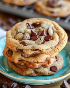 a stack of chocolate chip cookies sitting on top of a blue plate