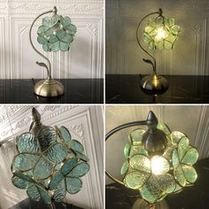 four different views of a lamp with leaves on it