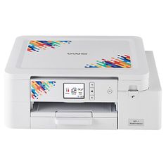 the printer is white and has multicolored lines on it's side,