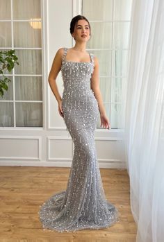 Crystal Cascade Mermaid Dress Embellished Evening Gowns, Formal Mermaid Gown, Beautiful Red Carpet Dresses, Gorgeous Dresses Prom, Prom Dress Inspo Aesthetic, Silver Dresses Elegant, Bd Outfits, Blacktie Dress, Embroidered Dress Formal