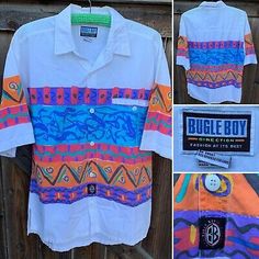 vintage Bugle Boy Direction short sleeve shirt geometric 80s 90s size L | eBay White Short Sleeve Shirt With Retro Print, 90s Style Camp Shirt With Graphic Print, 90s Graphic Print Camp Shirt With Short Sleeves, 90s Style Short Sleeve Camp Shirt With Graphic Print, Retro Multicolor Short Sleeve Camp Shirt, Vintage Short Sleeve Camp Shirt With Graphic Print, Retro Shirt With Geometric Pattern For Summer, Retro Summer Shirt With Geometric Pattern, White Retro Short Sleeve Camp Shirt