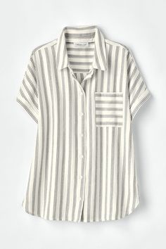 A crossover pleat below the back yoke gives this black-and-white striped shirt a unique twist. | Women's Riverside Striped Shirt - White Multi - PS - Petite Size Chic White Shirt With Vertical Stripes, Casual Vertical Stripe Top For Work, Casual Tops With Vertical Stripes And Shirttail Hem, Casual Striped Blouse With Shirttail Hem, Classic Striped Blouse With Shirttail Hem, Chic Striped Blouse With Shirttail Hem, Classic Striped Tops With Shirttail Hem, Casual White Blouse With Vertical Stripes, Summer Workwear Tops With Contrast Stripes